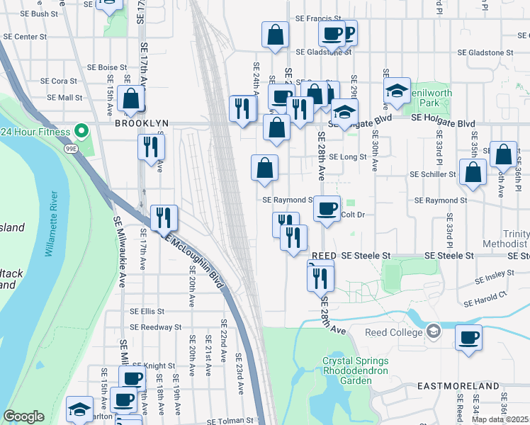 map of restaurants, bars, coffee shops, grocery stores, and more near 5076 Southeast 24th Avenue in Portland