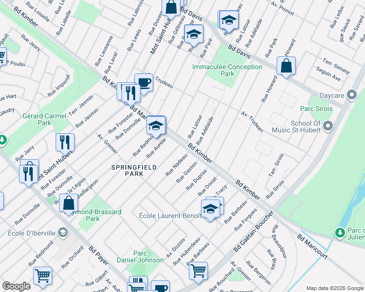 map of restaurants, bars, coffee shops, grocery stores, and more near 5615 Boulevard Maricourt in Longueuil