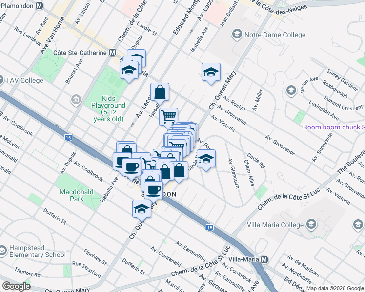 map of restaurants, bars, coffee shops, grocery stores, and more near 4949 Chemin Queen Mary in Montréal