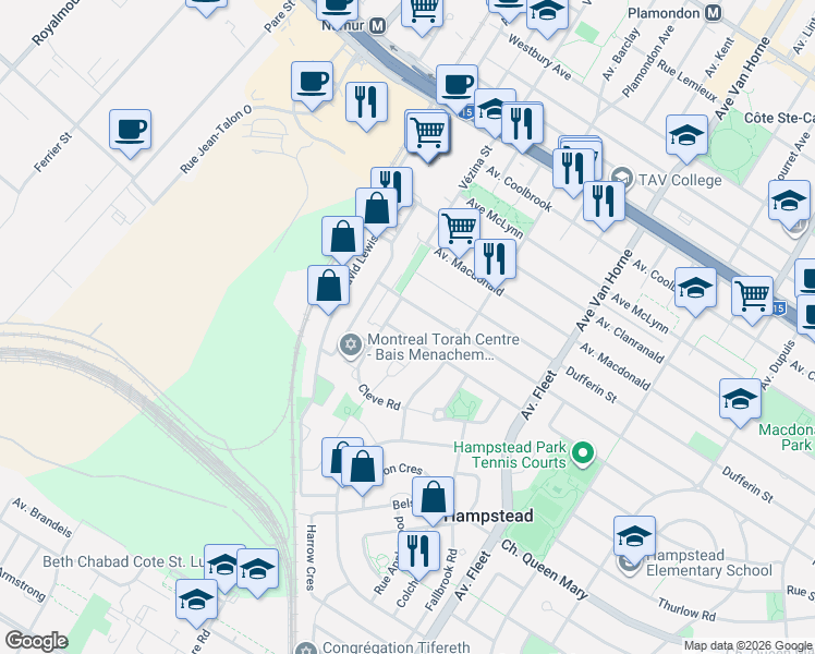 map of restaurants, bars, coffee shops, grocery stores, and more near 209 Rue Harland in Hampstead