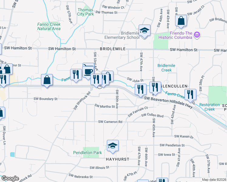 map of restaurants, bars, coffee shops, grocery stores, and more near 5015 Southwest Boundary Street in Portland