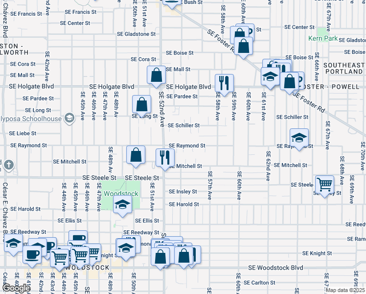 map of restaurants, bars, coffee shops, grocery stores, and more near 5410 Southeast Raymond Street in Portland