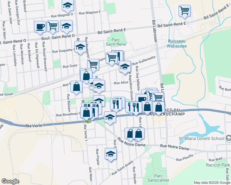 map of restaurants, bars, coffee shops, grocery stores, and more near 262 Rue Saint-James in Gatineau