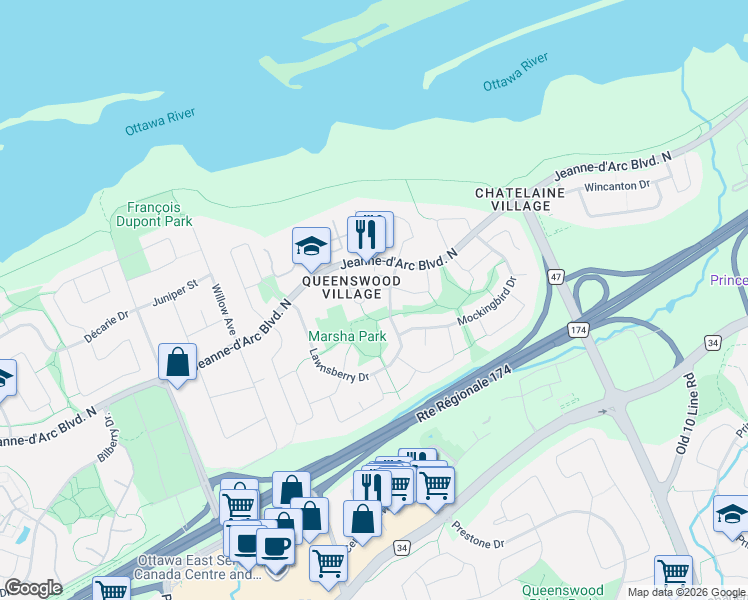 map of restaurants, bars, coffee shops, grocery stores, and more near 294 Turnstone Court in Ottawa