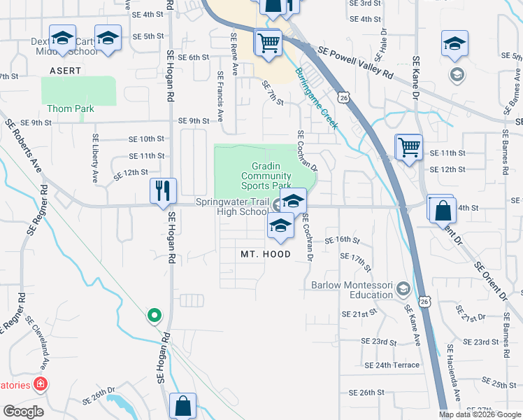 map of restaurants, bars, coffee shops, grocery stores, and more near 2398 Southeast Palmquist Road in Gresham