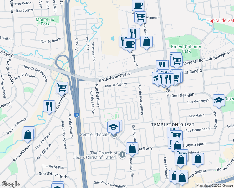 map of restaurants, bars, coffee shops, grocery stores, and more near 1 Rue de Fournière in Gatineau