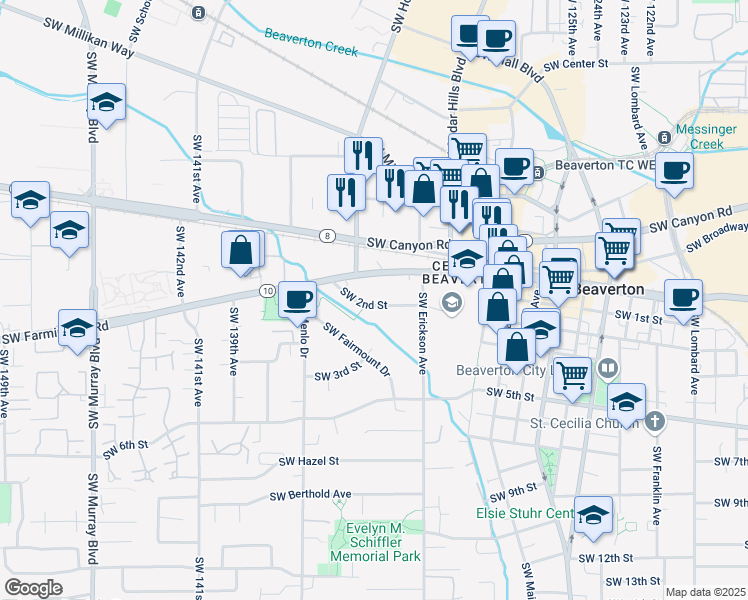 map of restaurants, bars, coffee shops, grocery stores, and more near 13355 Southwest 2nd Street in Beaverton