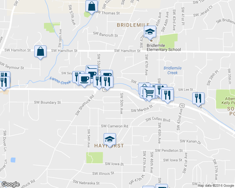 map of restaurants, bars, coffee shops, grocery stores, and more near 5015 Southwest Boundary Street in Portland