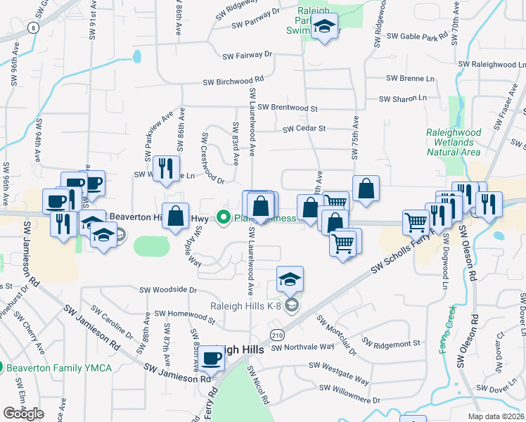 map of restaurants, bars, coffee shops, grocery stores, and more near in Raleigh Hills