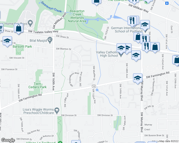map of restaurants, bars, coffee shops, grocery stores, and more near 4675 Southwest Mueller Drive in Beaverton