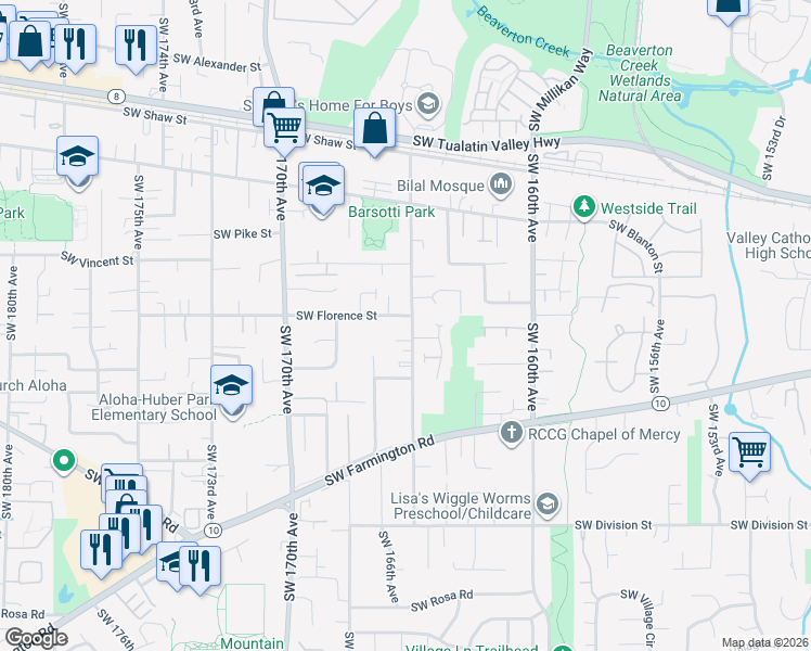 map of restaurants, bars, coffee shops, grocery stores, and more near 4675 Southwest 165th Avenue in Beaverton