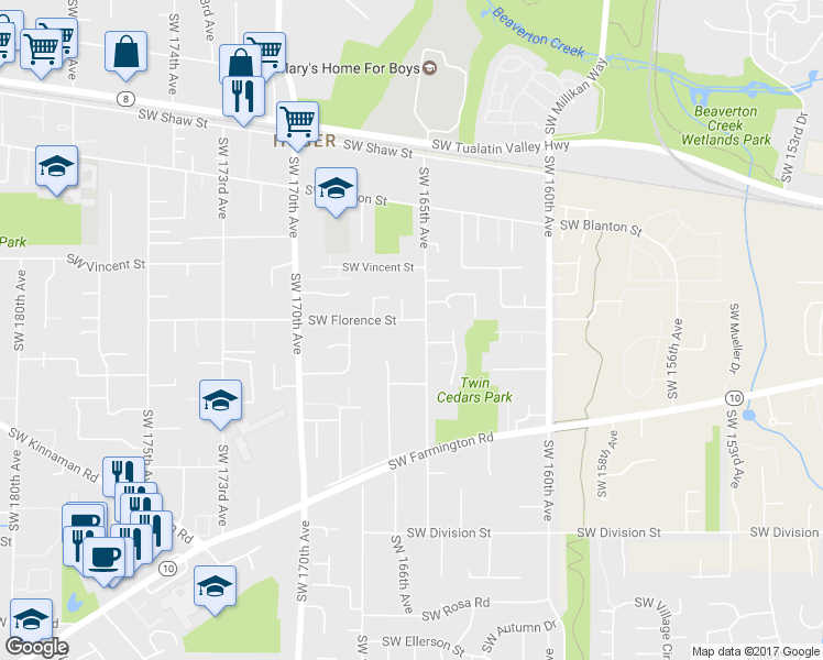 map of restaurants, bars, coffee shops, grocery stores, and more near 4675 Southwest 165th Avenue in Beaverton
