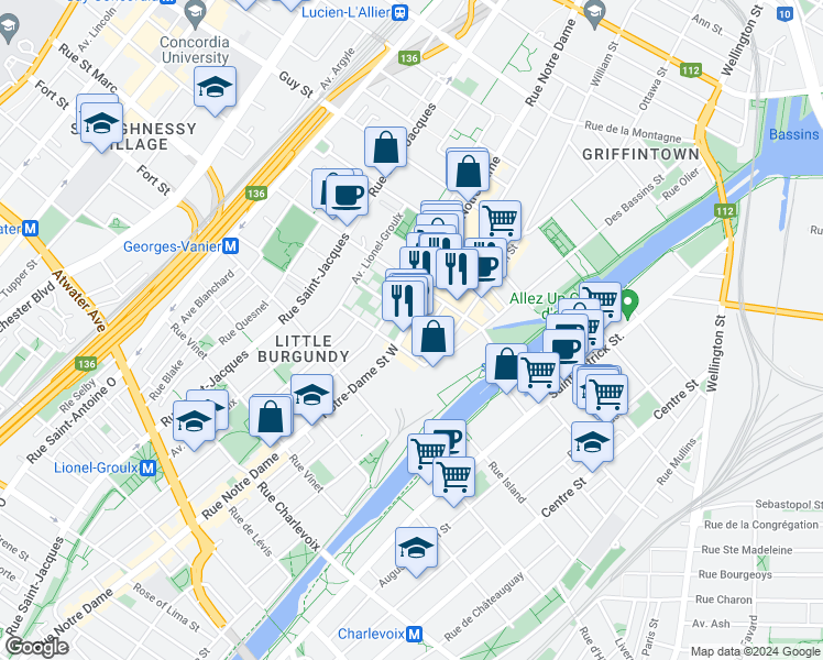map of restaurants, bars, coffee shops, grocery stores, and more near 1968 Rue Notre-Dame Ouest in Montréal