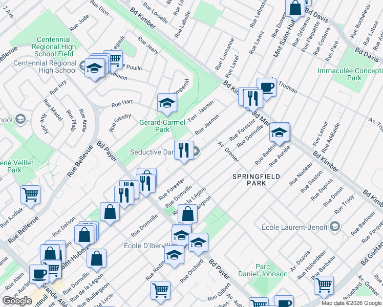 map of restaurants, bars, coffee shops, grocery stores, and more near 4540 Montée Saint-Hubert in Longueuil