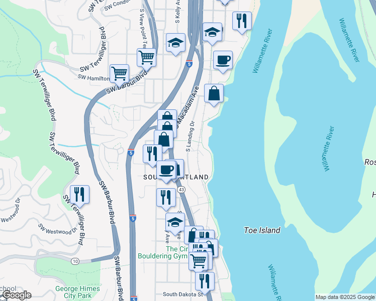 map of restaurants, bars, coffee shops, grocery stores, and more near 5100 South Macadam Avenue in Portland