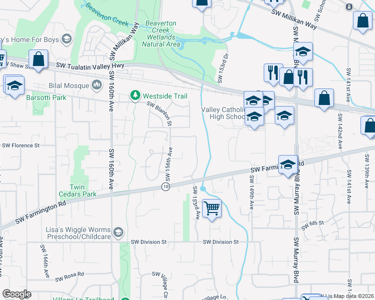 map of restaurants, bars, coffee shops, grocery stores, and more near 4675 Southwest Mueller Drive in Beaverton