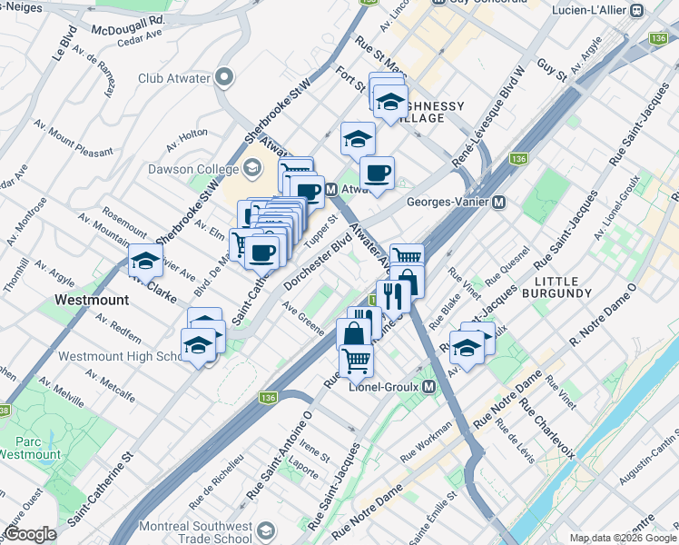 map of restaurants, bars, coffee shops, grocery stores, and more near 73 Avenue Clandeboye in Westmount