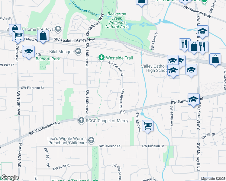 map of restaurants, bars, coffee shops, grocery stores, and more near 4651 Southwest Greensboro Way in Beaverton