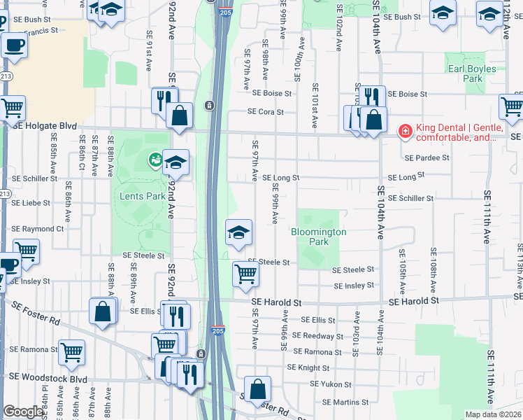 map of restaurants, bars, coffee shops, grocery stores, and more near 5002 Southeast 97th Avenue in Portland