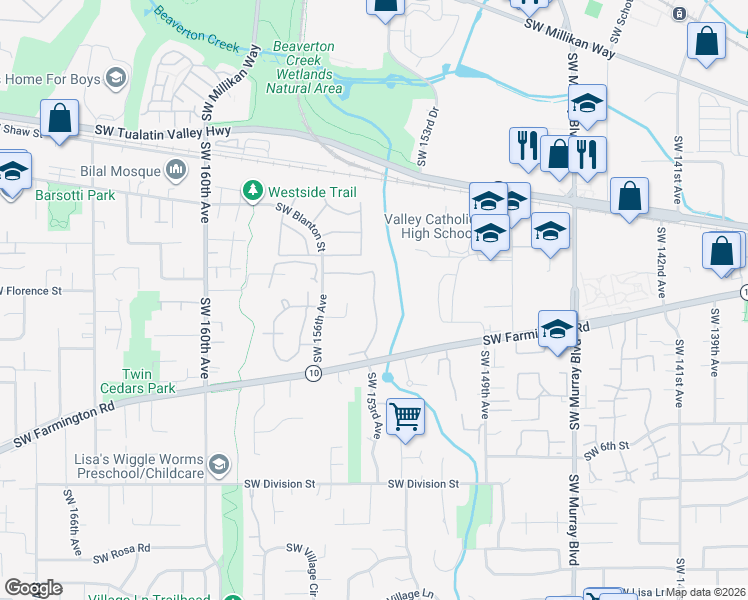 map of restaurants, bars, coffee shops, grocery stores, and more near 4800 Southwest Mueller Drive in Beaverton
