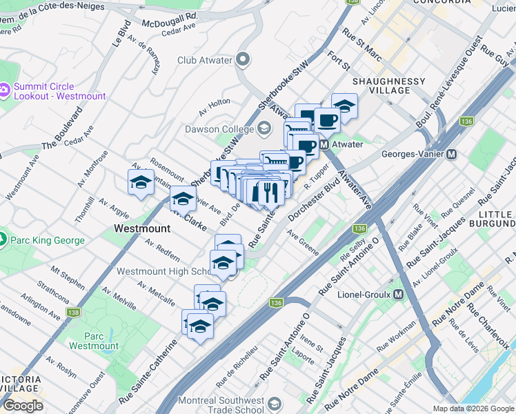map of restaurants, bars, coffee shops, grocery stores, and more near 1235 Avenue Greene in Westmount