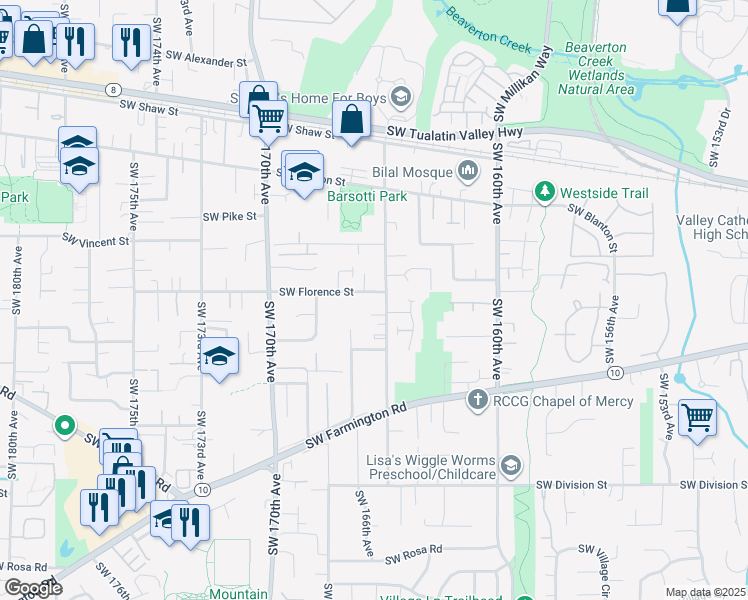 map of restaurants, bars, coffee shops, grocery stores, and more near 4675 Southwest 165th Avenue in Beaverton