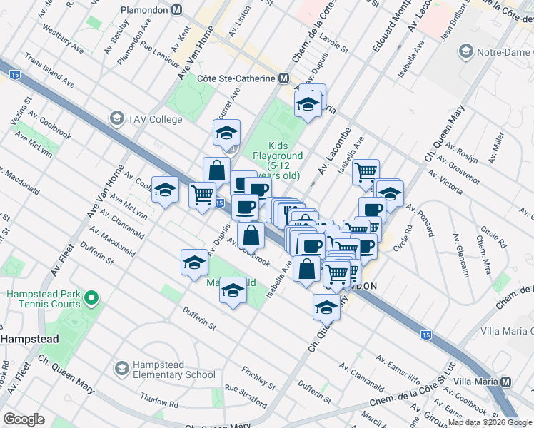 map of restaurants, bars, coffee shops, grocery stores, and more near 5456 Avenue Trans Island in Montréal