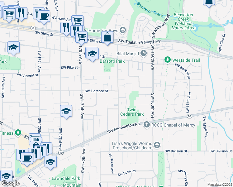 map of restaurants, bars, coffee shops, grocery stores, and more near 4675 Southwest 165th Avenue in Beaverton