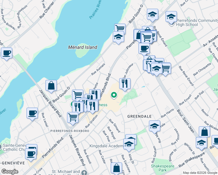 map of restaurants, bars, coffee shops, grocery stores, and more near 14628 Pierrefonds Boulevard in Montreal