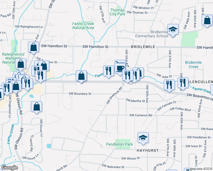 map of restaurants, bars, coffee shops, grocery stores, and more near 5555 Southwest Boundary Street in Portland