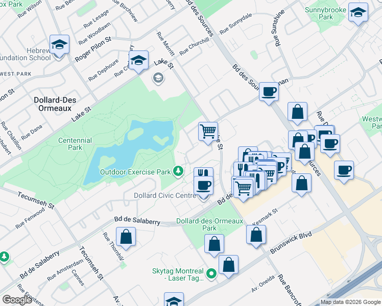 map of restaurants, bars, coffee shops, grocery stores, and more near 141 Rue Donnacona in Dollard-des-Ormeaux