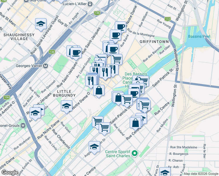 map of restaurants, bars, coffee shops, grocery stores, and more near 1869 Rue des Bassins in Montréal
