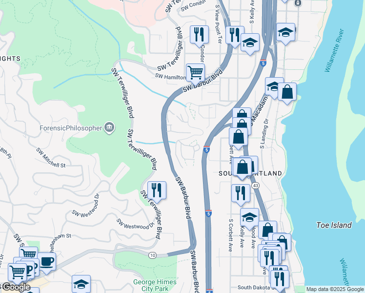 map of restaurants, bars, coffee shops, grocery stores, and more near 5172 Southwest Slavin Road in Portland