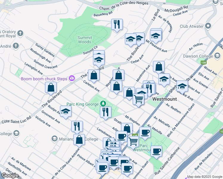 map of restaurants, bars, coffee shops, grocery stores, and more near 59 Avenue Forden in Westmount