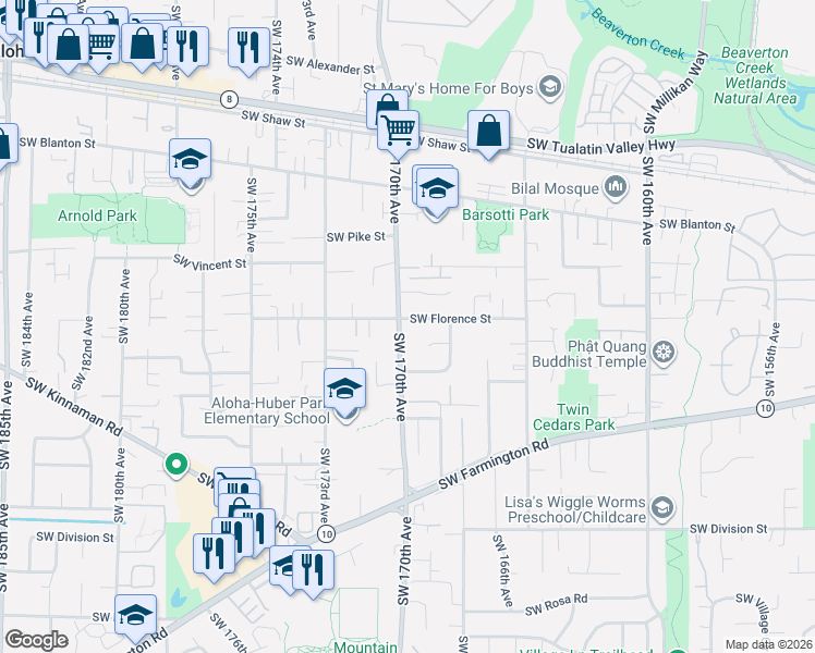 map of restaurants, bars, coffee shops, grocery stores, and more near 4600 Southwest 170th Avenue in Beaverton