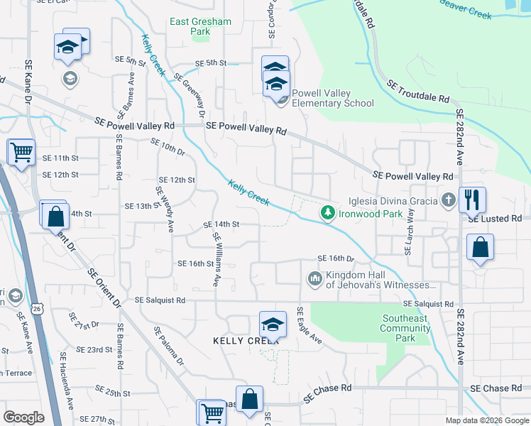 map of restaurants, bars, coffee shops, grocery stores, and more near 1386 Southeast Condor Place in Gresham