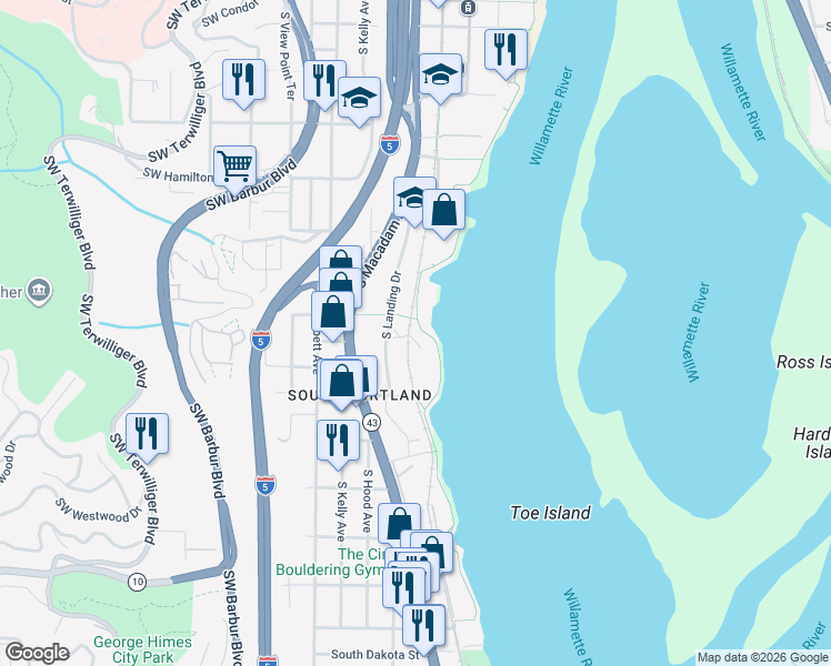 map of restaurants, bars, coffee shops, grocery stores, and more near 5110 South Landing Drive in Portland