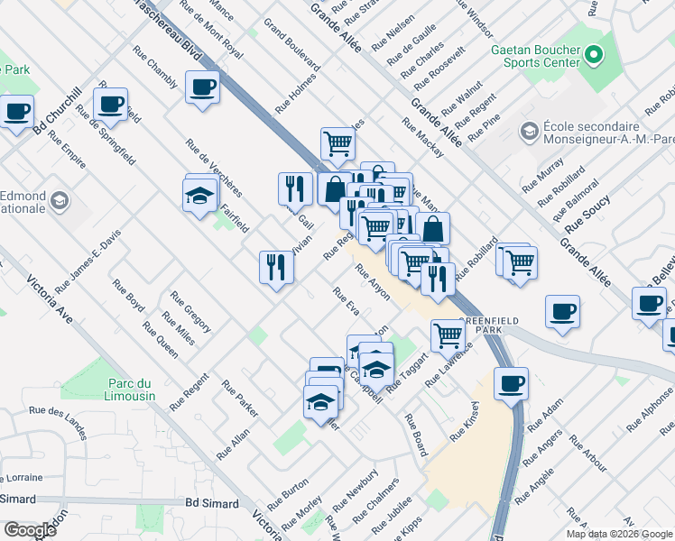 map of restaurants, bars, coffee shops, grocery stores, and more near 274 Rue Anyon in Longueuil