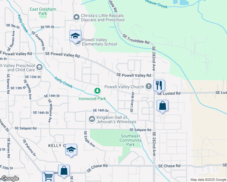 map of restaurants, bars, coffee shops, grocery stores, and more near 5338 Southeast Woodland Drive in Gresham
