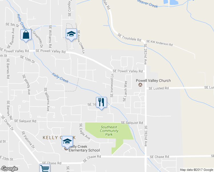 map of restaurants, bars, coffee shops, grocery stores, and more near 1455 Southeast Hickory Place in Gresham