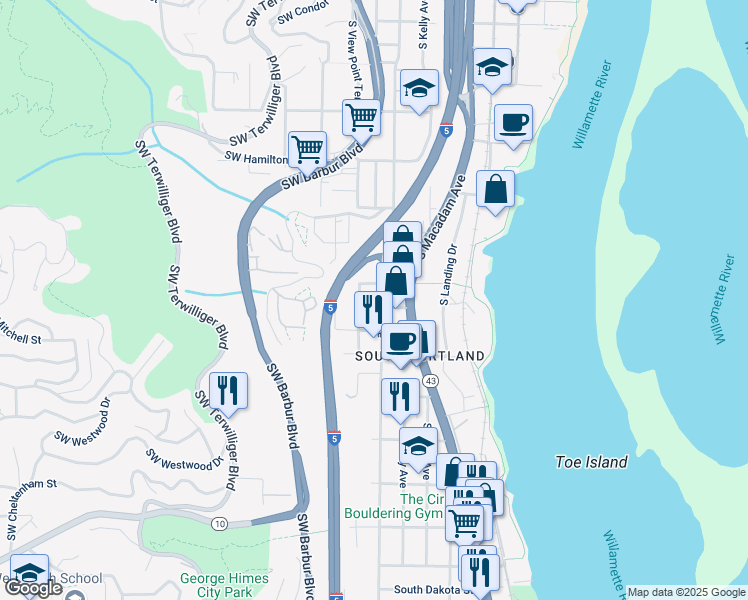 map of restaurants, bars, coffee shops, grocery stores, and more near 5124 South View Point Terrace in Portland