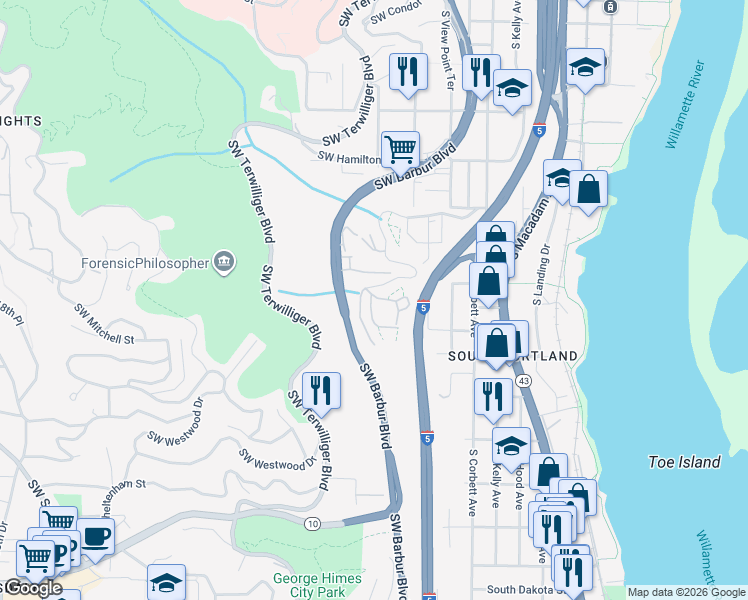 map of restaurants, bars, coffee shops, grocery stores, and more near 5172 Southwest Slavin Road in Portland