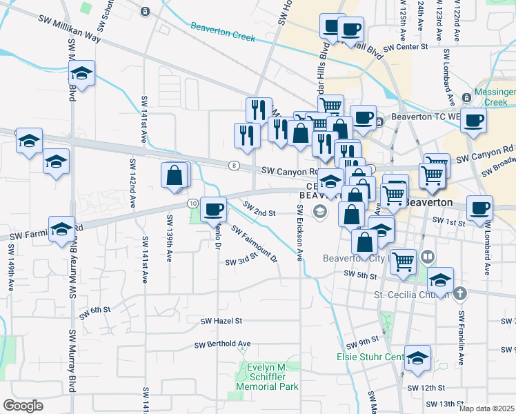 map of restaurants, bars, coffee shops, grocery stores, and more near 13355 Southwest 2nd Street in Beaverton