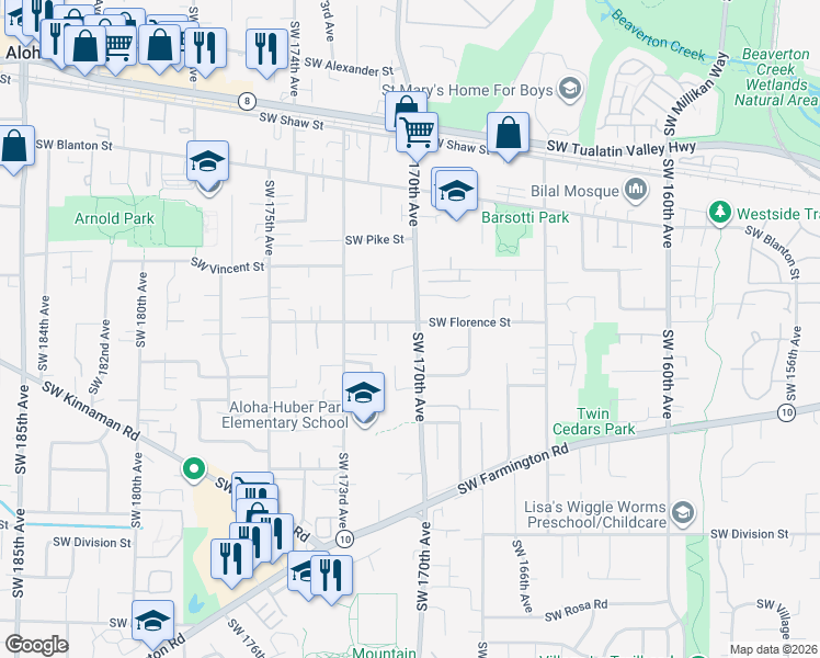 map of restaurants, bars, coffee shops, grocery stores, and more near 4690 Southwest 170th Avenue in Beaverton