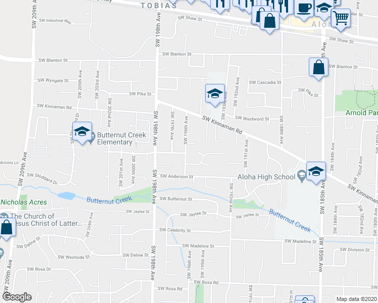 map of restaurants, bars, coffee shops, grocery stores, and more near 19575 Southwest Southview Street in Aloha