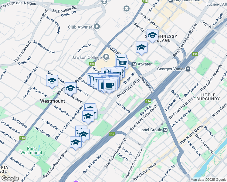 map of restaurants, bars, coffee shops, grocery stores, and more near 4146 Sainte-Catherine Ouest in Westmount