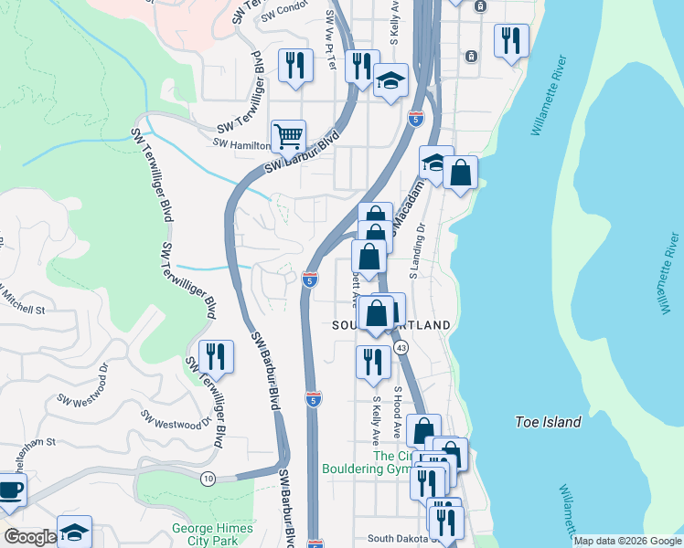 map of restaurants, bars, coffee shops, grocery stores, and more near 5028 Southwest View Point Ter in Portland