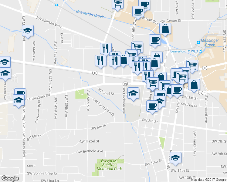 map of restaurants, bars, coffee shops, grocery stores, and more near 13355 Southwest 2nd Street in Beaverton