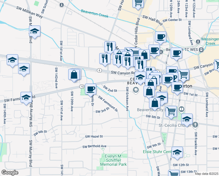 map of restaurants, bars, coffee shops, grocery stores, and more near 13355 Southwest 2nd Street in Beaverton