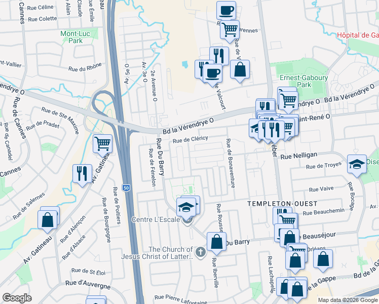map of restaurants, bars, coffee shops, grocery stores, and more near 1 Rue de Fournière in Gatineau